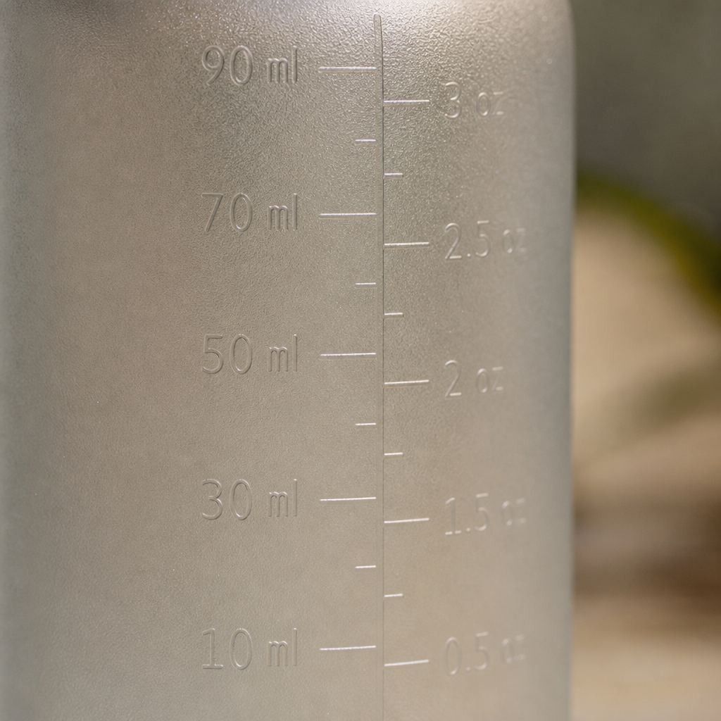 MistPro laser-etched measurement markings on frosted glass - permanent and elegant