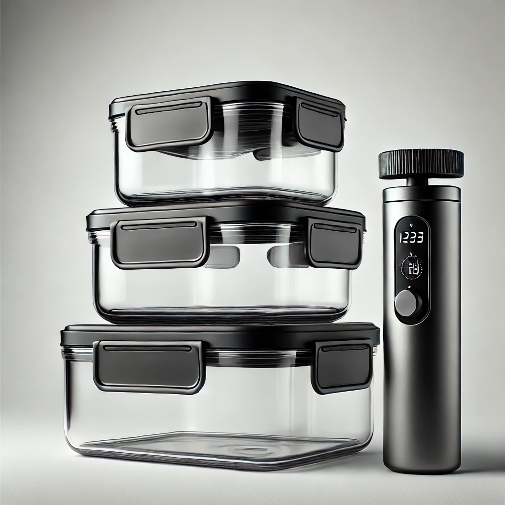 FreshVault Vacuum Seal Glass Container Set - 3 borosilicate glass containers with handheld vacuum pump