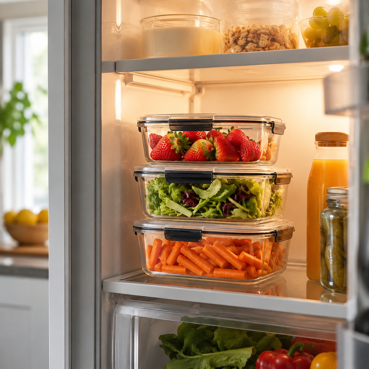 FreshVault containers stacked in refrigerator - organized fridge storage