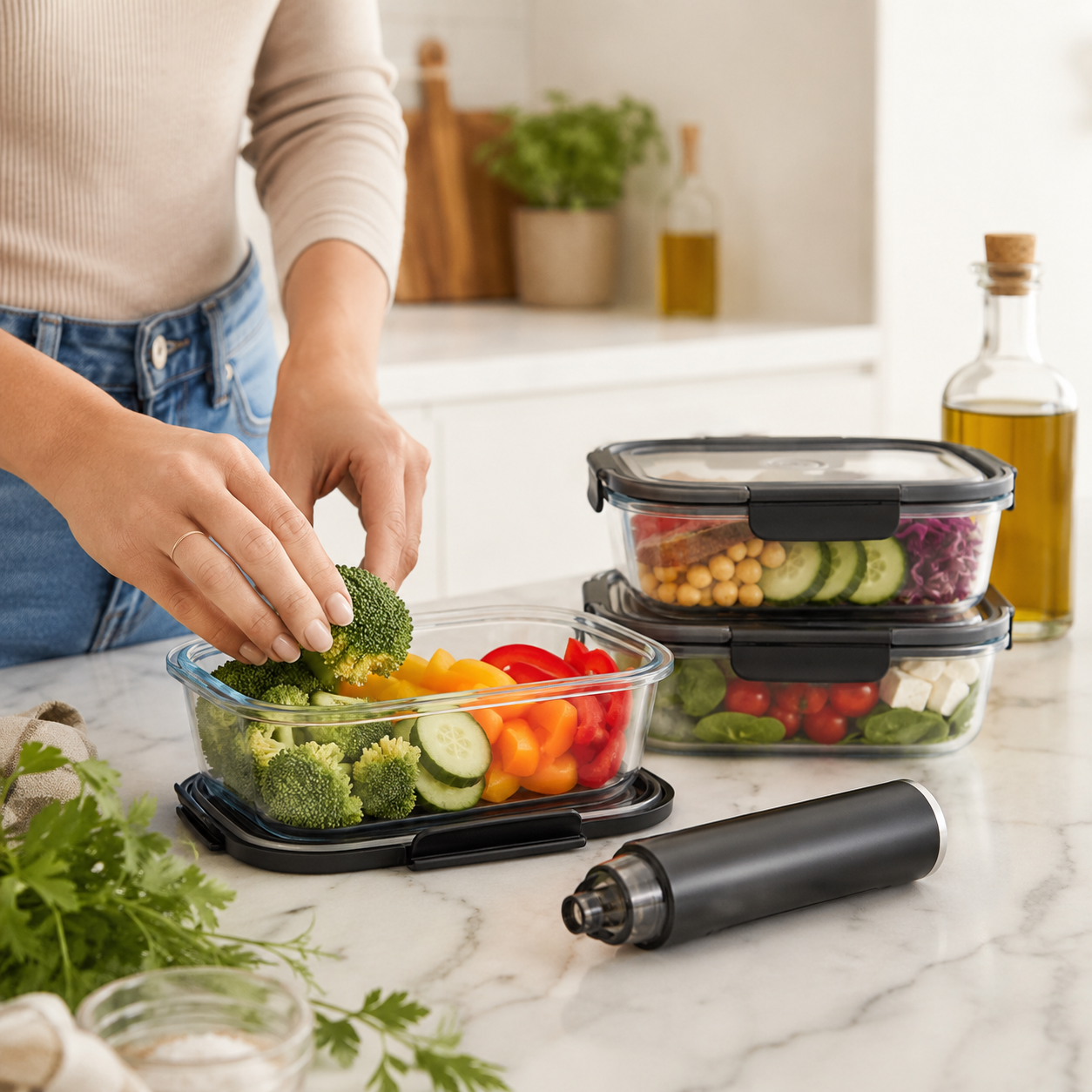 FreshVault containers in use - meal prep on modern kitchen counter