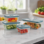 Kitchen counter with FreshVault containers and fresh vegetables
