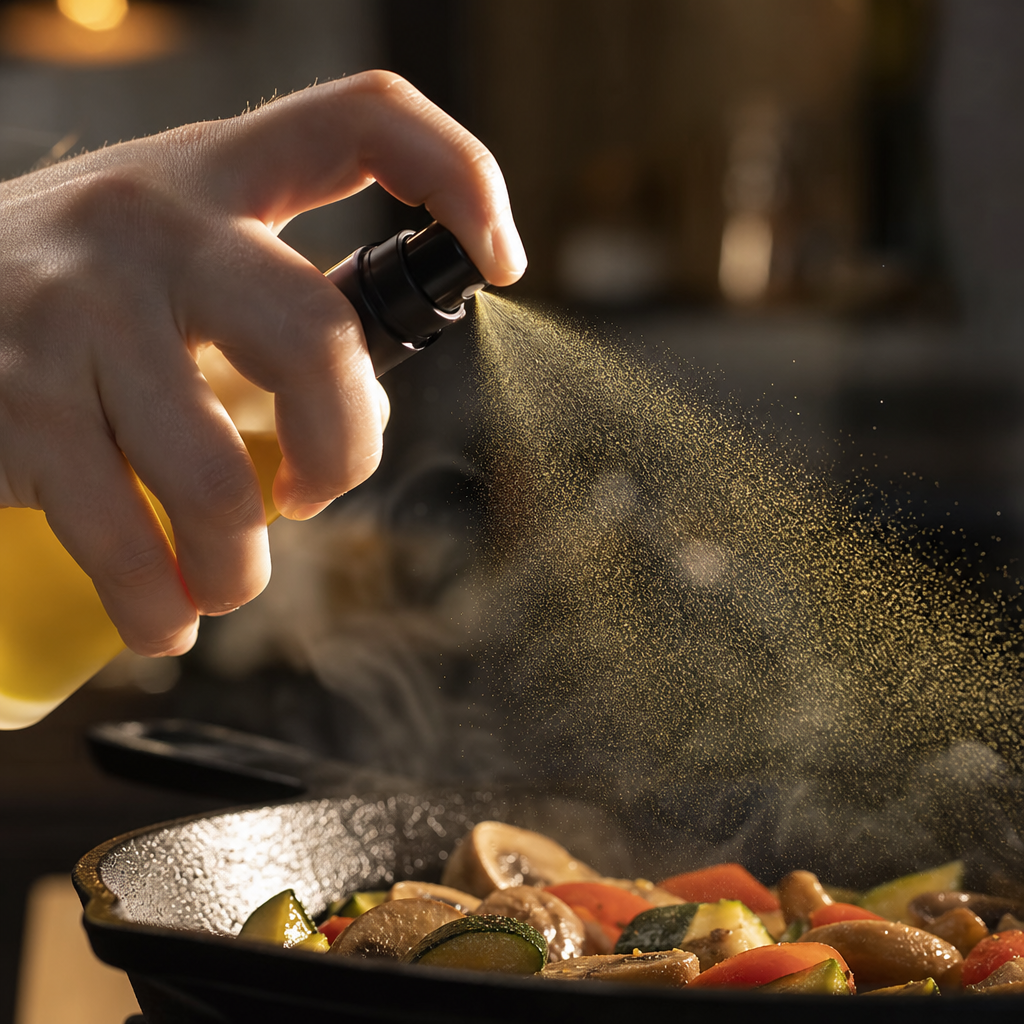 MistPro sprayer releasing fine mist of olive oil onto sizzling pan