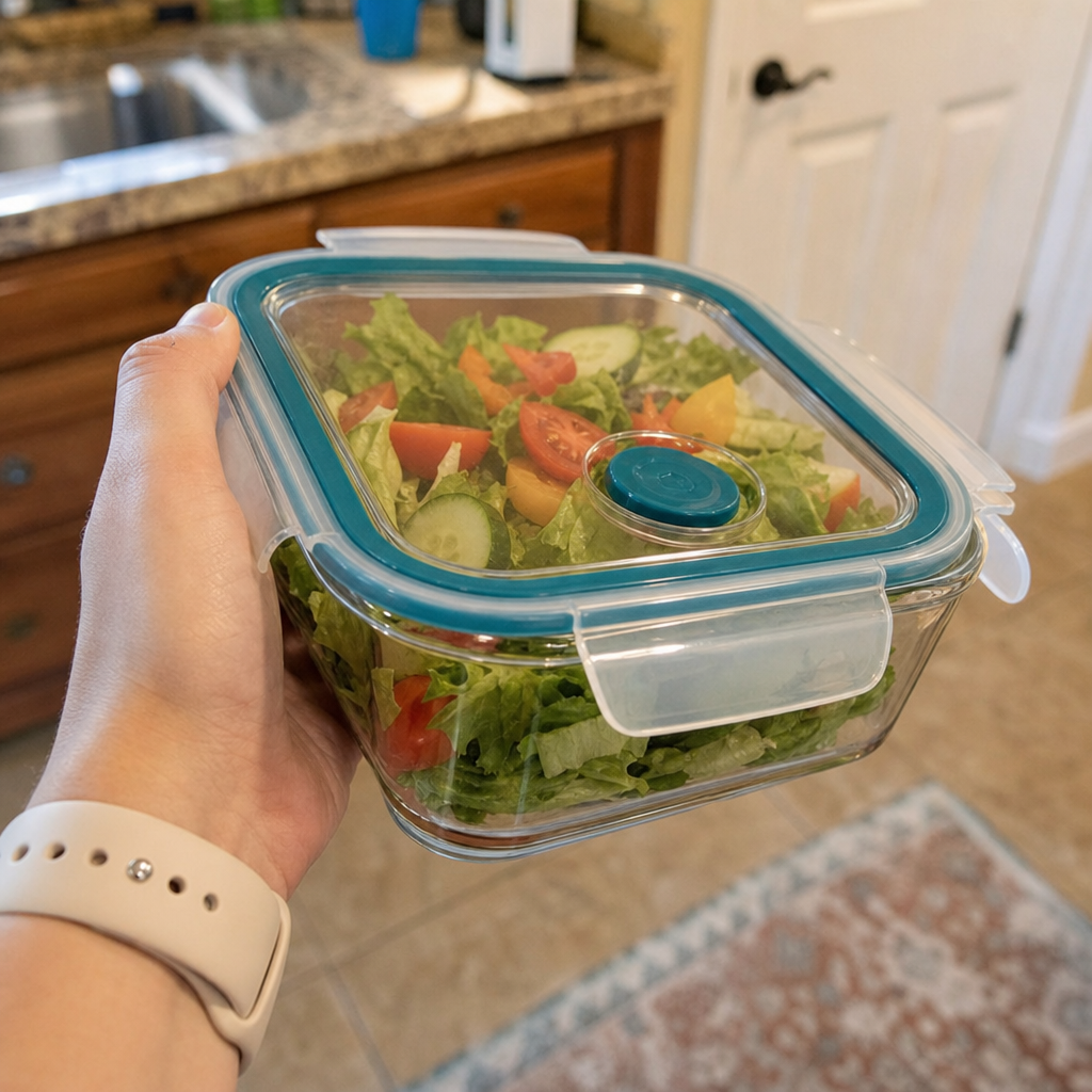 Real user holding FreshVault container with fresh salad - authentic photo